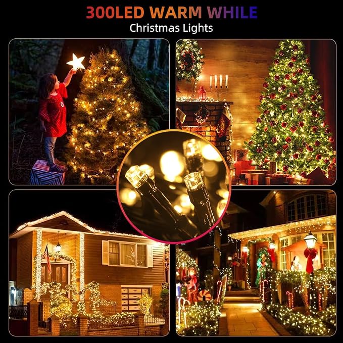 MZD8391 105FT 300LED Christmas Light, Waterproof Christmas Tree Light | Warm White, 100% UL List, 8 Light Mode,Timer/Memory, End To End Connect,Christmas String Light Oudoor Indoor Decoration