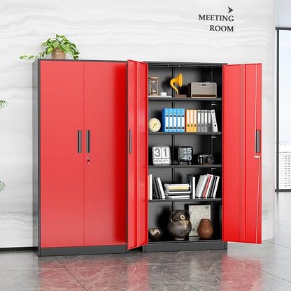 INTERGREAT Metal Storage Cabinet, 72” H Storage Cabinet with Doors and Adjustable Shelves for Office, Home, Garage, Pantry (Assembly Required, Black Red)