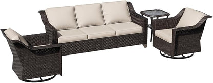 4 Pieces Patio Conversation Furniture Set - 1 Sofa, 2 Swivel Chairs, 1 Side Table, Outdoor Wicker Furniture with Removable Cushions for Porch, Balcony, Sunroom (Beige)