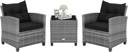 HAPPYGRILL 3 Pieces Patio Conversation Set, Outdoor Furniture Set PE Rattan Sofa Set with Removable Cushions, PE Wicker Chairs with Tempered Glass Side Table for Porch Lawn Garden Balcony Backyard