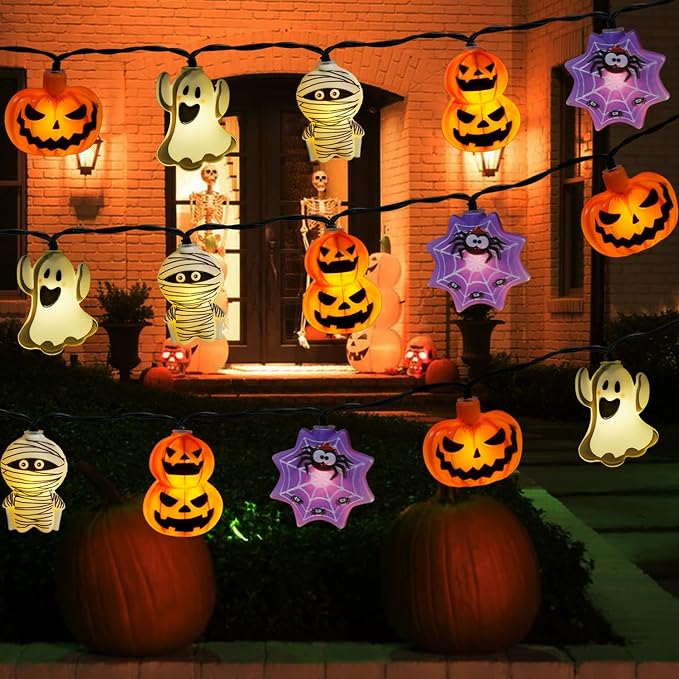 Halloween Decorations Outdoor Solar String Lights, 25.8ft 40LED Pumpkin Ghost Mummy Stacked Pumpkins Spider Web Solar Halloween Lights for Outside House Garden Yard Halloween Party Decor