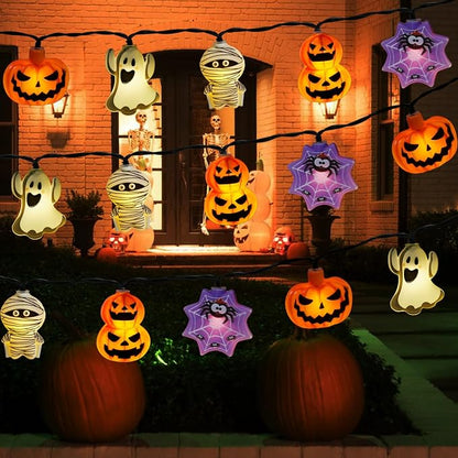 Halloween Decorations Outdoor Solar String Lights, 25.8ft 40LED Pumpkin Ghost Mummy Stacked Pumpkins Spider Web Solar Halloween Lights for Outside House Garden Yard Halloween Party Decor