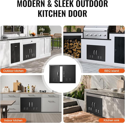 VEVOR BBQ Access Door, 30W x 21H Inch Double Outdoor Kitchen Door, Cold Plate Flush Mount Door, Wall Vertical Door with Handles and Ventss, for BBQ Island, Grilling Station, Outside Cabinet