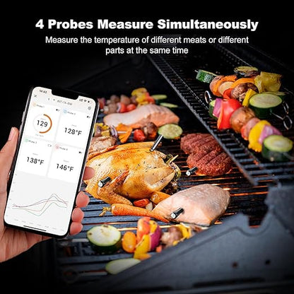 4 Probes Bluetooth Meat Thermometer Digital, Wireless Meat Thermometer for BBQ, Oven, Smoker and Air Fryer, IP67 Waterproof and Dishwasher Safe （14B-1）