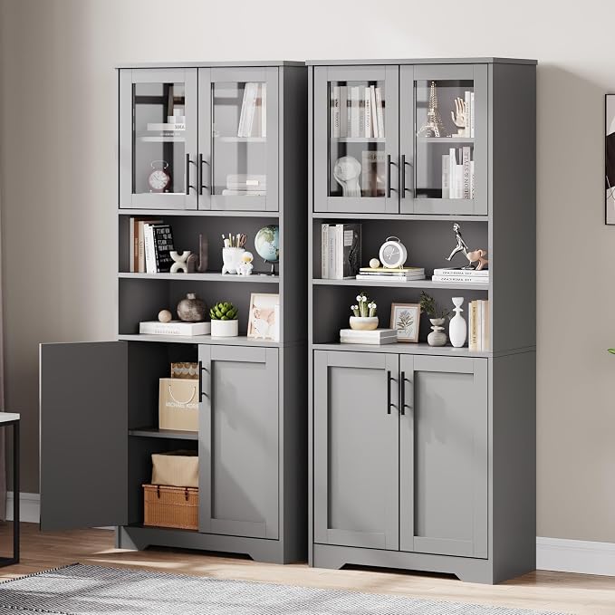IDEALHOUSE 67" H Tall Storage Cabinet, Freestanding Bathroom Cabinet with 4 Doors and Adjustable Shelves,Modren Cupboard for Kitchen, Pantry, Living Room (Grey)