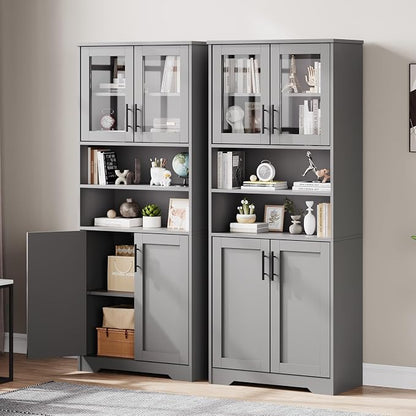 IDEALHOUSE 67" H Tall Storage Cabinet, Freestanding Bathroom Cabinet with 4 Doors and Adjustable Shelves,Modren Cupboard for Kitchen, Pantry, Living Room (Grey)