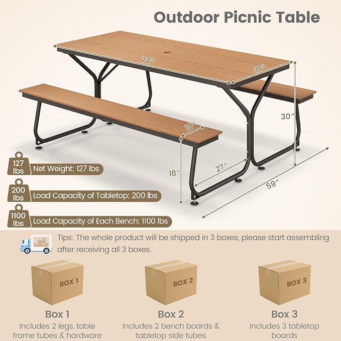 GIANTEX 6 FT Outdoor Picnic Table Bench Set for 6-8 People, 2400 LBS Capacity Patio Dining Table & 2 Benches with Metal Frame & HDPE, Balcony Conversation Set for Poolside Deck Garden (Brown)