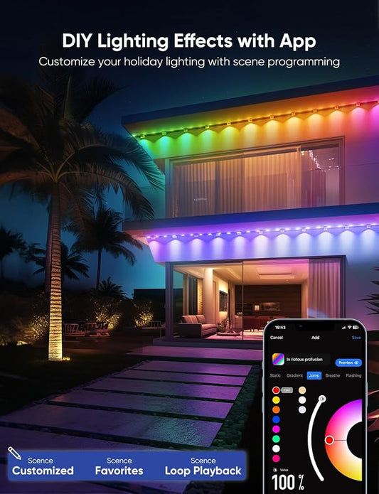 APPECK Permanent Outdoor Lights Pro, 200ft with 144 RGBCW Eaves Lights | Dual Lens, 144W, 80lm, Cuttable, IP67 Waterproof Lighting for Daily and Holiday Decor, Compatible with Alexa, Black