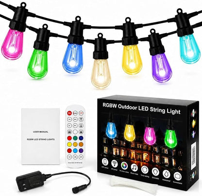 Outdoor String Lights 27FT, RGBW Patio Lights with App & Remote Control | 10 ST14 bulbs, RGBW color modes, app control, remote control, music mode, timer, patio decor