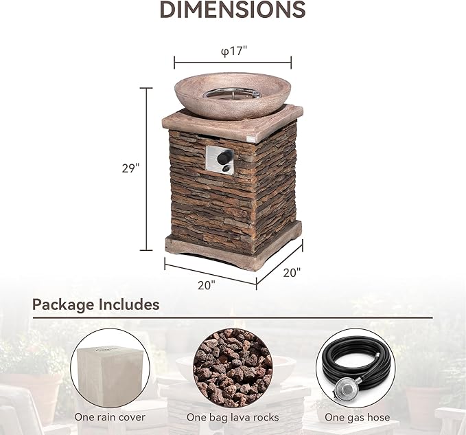 COSIEST Outdoor Propane Fire Pit Table w Faux Brown Compact Ledge Stone 20" Square Base and Faux Rose-Marble Round Bowl, Certified, 40,000 BTU, Free Lava Rocks, Fits 20lb Tank Inside, Raincover