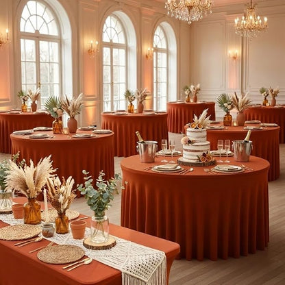 Rust Fitted Spandex Table Skirts Ruffle Fall Tablecloths 60R Inch,6 Pack | Stretchy Table Covers for Autumn Event, Thanksgiving Decorations,Outdoor Reception, Bridal Shower Cake Table