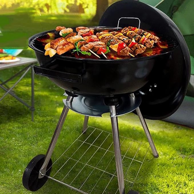 Foldable Bbq Stainless Steel Grill Kettle Charcoal Grill, 22Inch, Portable Heavy Duty Round with Thickened Grilling Bowl with Wheels, Barbecue Outdoor Cooking, Picnic, Backyard