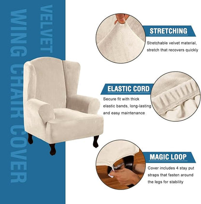H.VERSAILTEX Wingback Chair Covers Velvet Plush Wing Chair Slipcover 1 Piece High Stretch Wing Back Chair Slipcovers Sofa Cover Furniture Cover with Elastic Bottom, Ivory