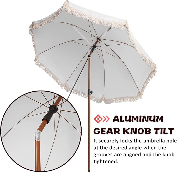 7.5Ft Patio Beach Umbrella with Fringe & Tassel, UPF50+ Push Button Tilt & Crank, Ideal for Garden, Lawn, Deck, Yard & Pool