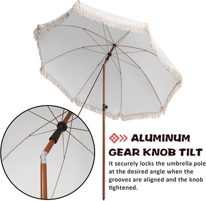 7.5Ft Patio Beach Umbrella with Fringe & Tassel, UPF50+ Push Button Tilt & Crank, Ideal for Garden, Lawn, Deck, Yard & Pool