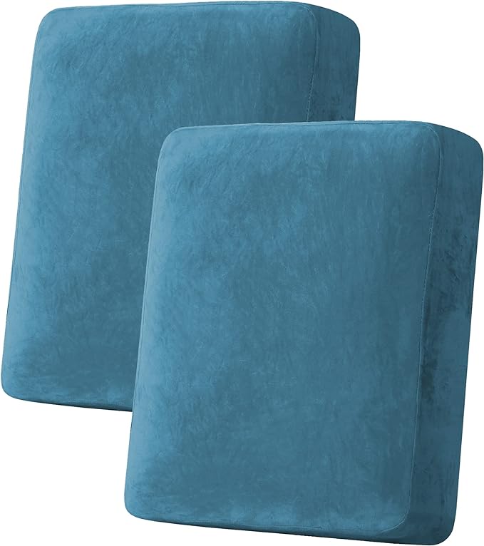 H.VERSAILTEX Velvet Stretch Couch Cushion Cover Plush Cushion Slipcover for Chair Loveseat Sofa Cushion Furniture Protector Seat Cushion Sofa Cover (2 Piece Medium Sofa Cushion Covers, Peacock Blue)