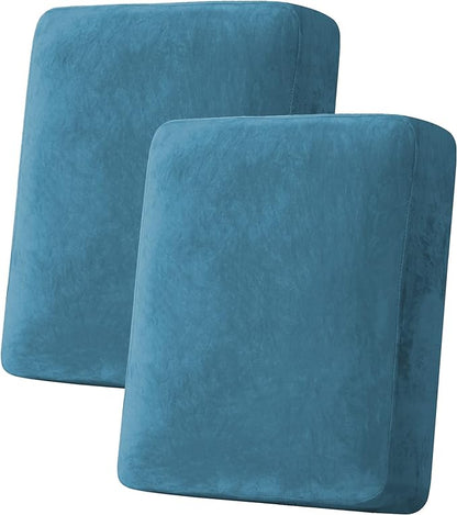 H.VERSAILTEX Velvet Stretch Couch Cushion Cover Plush Cushion Slipcover for Chair Loveseat Sofa Cushion Furniture Protector Seat Cushion Sofa Cover (2 Piece Medium Sofa Cushion Covers, Peacock Blue)