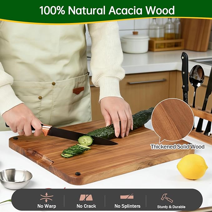 Acacia Wood Steak Board Set,16.5" Magnetic Charcuterie Board with Stainless Steel Scratch-Proof Cutting Surface Wooden Serving Platter with Cutlery & Sauce Cup for BBQ Dinner Party Housewarming Gift