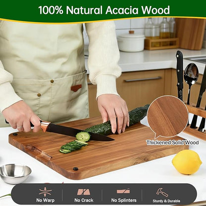 Acacia Wood Steak Board Set,16.5" Magnetic Charcuterie Board with Stainless Steel Scratch-Proof Cutting Surface Wooden Serving Platter with Cutlery & Sauce Cup for BBQ Dinner Party Housewarming Gift