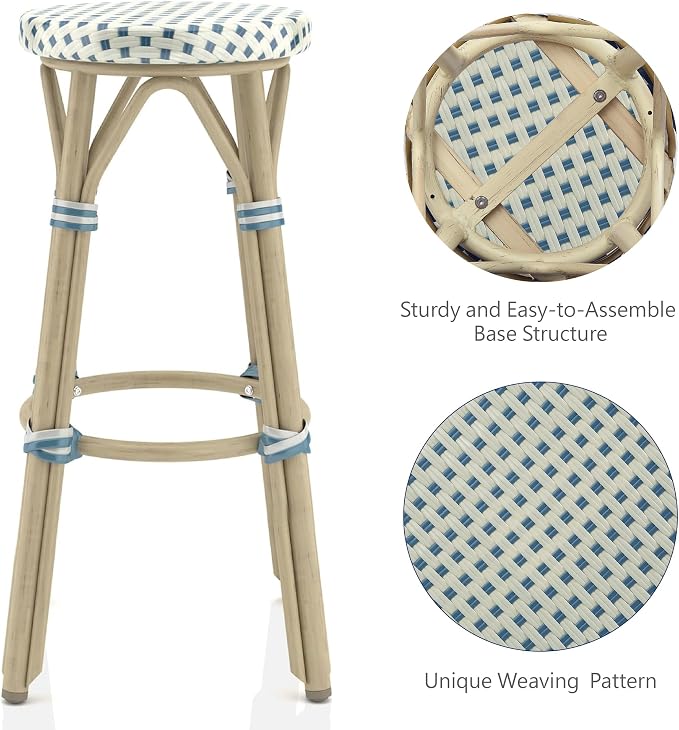 Seadrift Boho 30-inch Aluminum and All-Weather Wicker Barstools with Footrest, Patio Stools & Bar Chairs for Outdoor, Kitchen Counter, Poolside, Yard, Set of 2, Blue and Beige