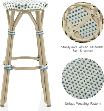 Seadrift Boho 30-inch Aluminum and All-Weather Wicker Barstools with Footrest, Patio Stools & Bar Chairs for Outdoor, Kitchen Counter, Poolside, Yard, Set of 2, Blue and Beige