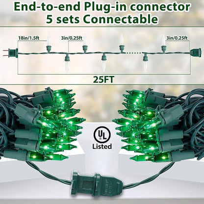 Green Christmas Lights, Green String Lights 25FT 100 Incandescent Bulbs with Green Wire for Christmas Tree, Garland, Indoor & Outdoor St Patricks Day Decoration