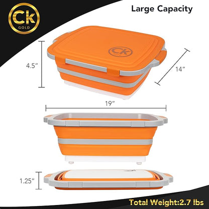 Collapsible BBQ Prep Tub XL with Locking Lid & Drain Hole | Meat Marinating Container with Cutting Board | BPA-Free Food-Grade Prep Tubs for Grilling, Camping & Outdoor Cooking (Orange, 16 L)