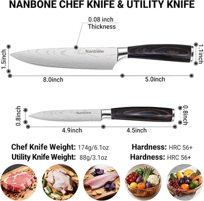 Kitchen Knife Set 2 Piece High Carbon Stainless Steel Professional Chef Knife Set with Ultra Sharp Blade & Wooden Handle, Kitchen Knife Set 2 Pcs-Chef's Knife 8 Inch & Utility Knife 5 Inch