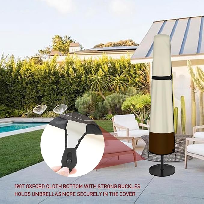 Patio Umbrella Cover Outdoor Umbrella Cover with Rod Waterproof Durable 420D Polyester Fabric Patio Parasol Umbrellas Cover for 7ft to 11ft Outdoor Umbrella (600D Beige & Brown)
