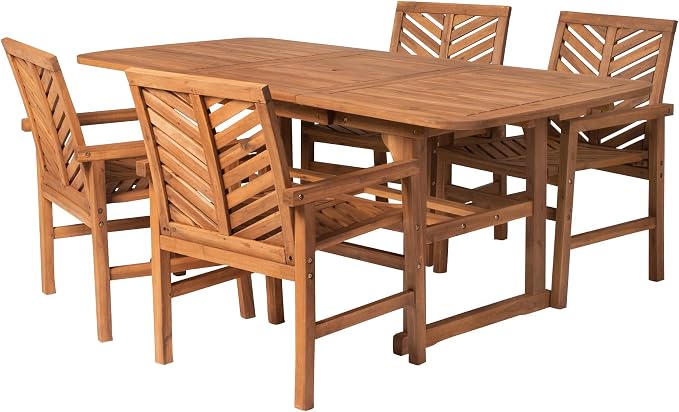 Walker Edison 4-6 Person Outdoor Wood Chevron Back Patio Furniture Dining Set Extendable Table Chairs All Weather Backyard Conversation Garden Poolside Balcony, 5 Piece, Brown