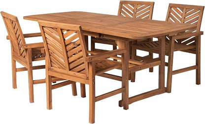 Walker Edison 4-6 Person Outdoor Wood Chevron Back Patio Furniture Dining Set Extendable Table Chairs All Weather Backyard Conversation Garden Poolside Balcony, 5 Piece, Brown