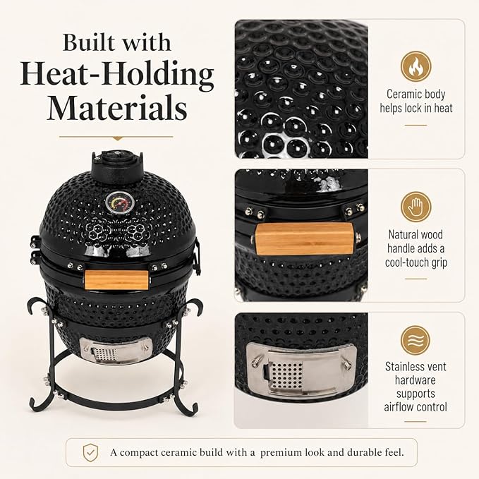 Ceramic Charcoal BBQ Kamado Griller - Portable Small Tabletop Smoker - Round Barbecue Grill and Cooker for Variations on Cooking (Black)