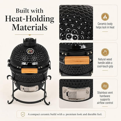 Ceramic Charcoal BBQ Kamado Griller - Portable Small Tabletop Smoker - Round Barbecue Grill and Cooker for Variations on Cooking (Black)