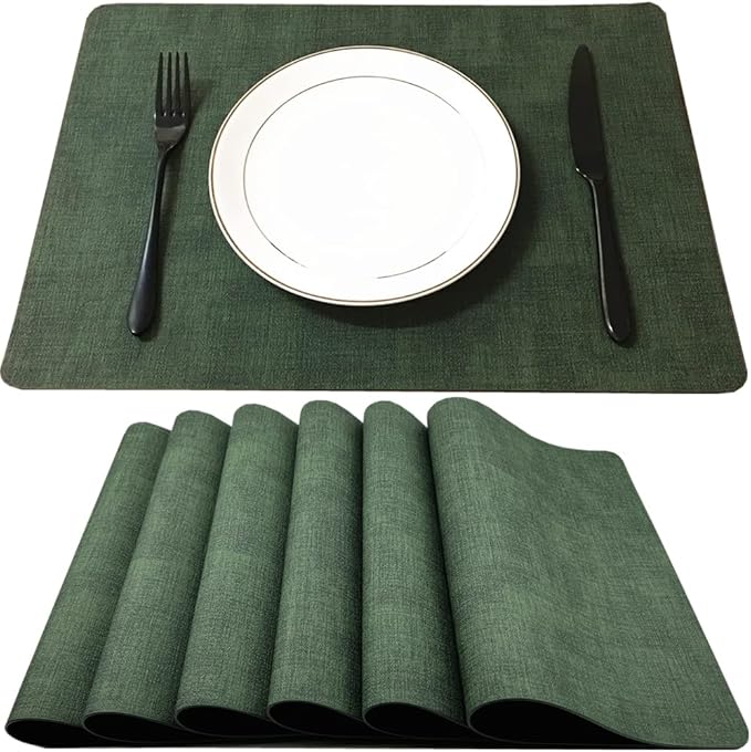 WAZAIGUR Waterproof Easy to Clean Heat Resistant Thick Faux Leather Washable Placemats Set of 6 Dark Green