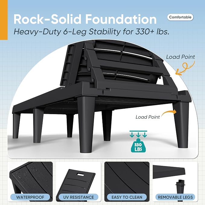 Greesum 4-Pack Adjustable Chaise Lounges, Black | 5-Pos Recline, Waterproof PP, UV-Resist, Stackable, Easy-Clean, for Pool/Patio/Beach, Tool-Free