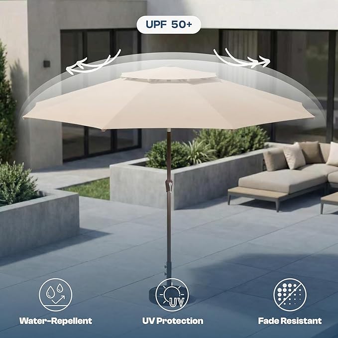 Patio Umbrella, 2 Tier Outdoor Table Umbrella, Large Vented Market Umbrellas with Push Button Tilt and Crank, 8 Sturdy Ribs for Backyard, Deck, Pool, UPF50+ UV Protection