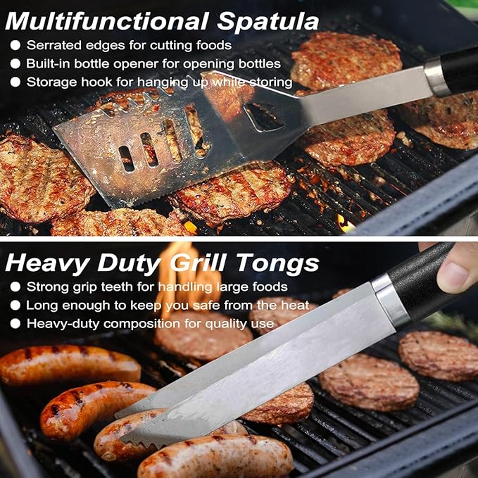 POLIGO 22PCS Heavy Duty BBQ Grill Accessories Set, Non-Slip Grill Tools for Outdoor Grill Set Stainless Steel Grill Utensils Set, Deluxe Grilling Tools Set in Aluminum Case Ideal Gifts for Men Black