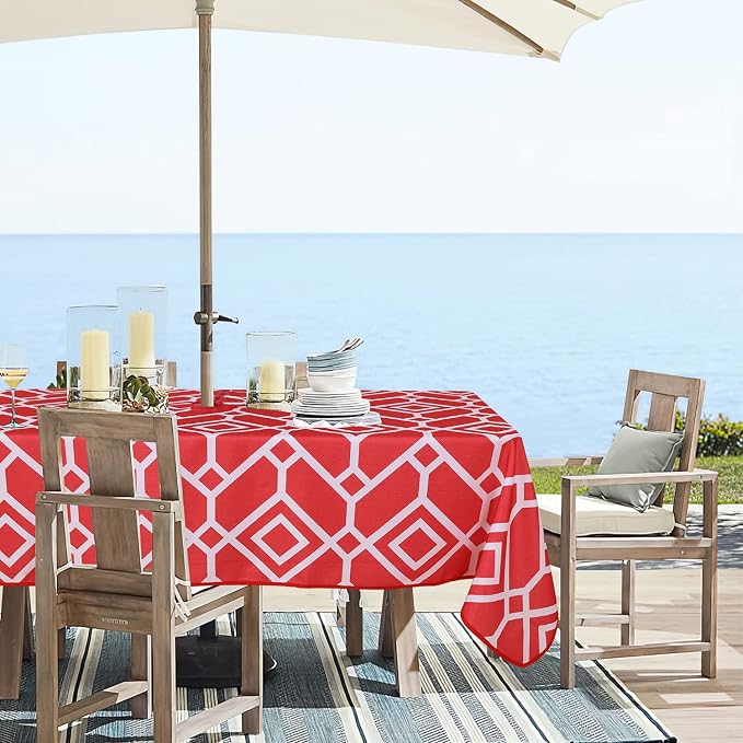 LUSHVIDA Moroccan Outdoor Tablecloth with Umbrella Hole and Zipper, 60 x 84 Inch Red, Rectangle Waterproof Wrinkle Free Table Cloth Decorative Fabric Washable Table Cover for Patio, Party, Picnic