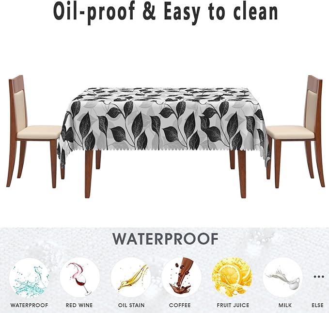 Black and White Leaves Tablecloth 60x84 Inch Rectangular Floral Plants farmhouse Table Cloth Kitchen Table Decoration for Home Dinner Party Waterproof Polyester Washable Tables Cover Oilproof