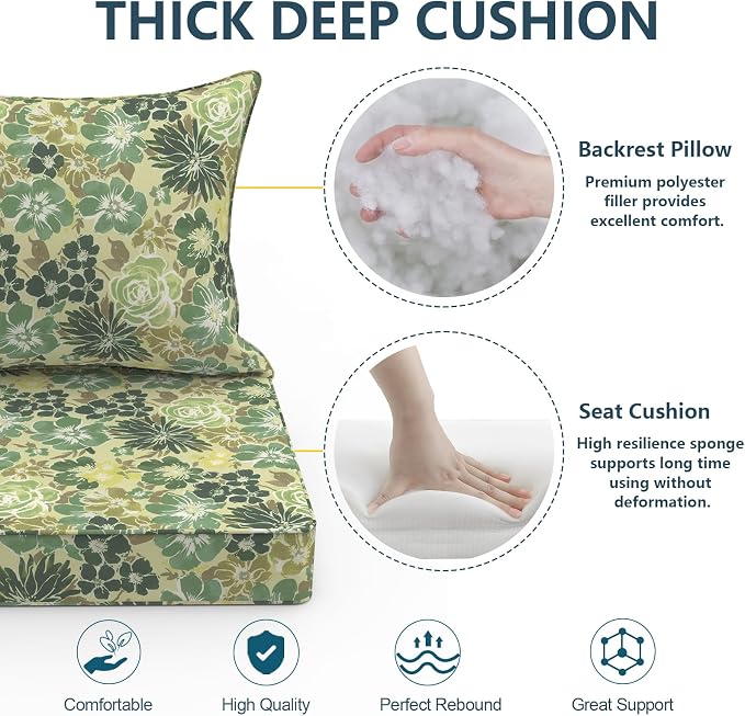 DYTXIII Outdoor Deep Seat Cushion Set, Water Repellent 22"x22" Patio Thick Cushions Replacement with Seat & Back Pillow for Patio Sofa, Wicker Chair, Couch - Green Rose