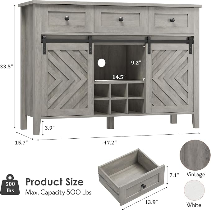 CABIHOME Farmhouse 47.2'' Buffet Cabinet with Sliding Barn Door, 33.4'' Tall Wood Rustic Sideboard with 3 Drawer, Adjustable Shelf and Removable Wine Rack (Vintage, 47.2'')