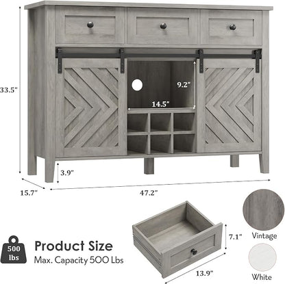 CABIHOME Farmhouse 47.2'' Buffet Cabinet with Sliding Barn Door, 33.4'' Tall Wood Rustic Sideboard with 3 Drawer, Adjustable Shelf and Removable Wine Rack (Vintage, 47.2'')