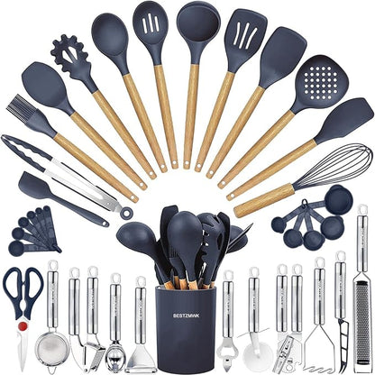 Cooking Utensils Set- 35 PCs Kitchen Utensils with Grater,Tongs, Spoon Spatula &Turner Made of Heat Resistant Food Grade Silicone and Wooden Handles Kitchen Gadgets Tools Set for Cookware