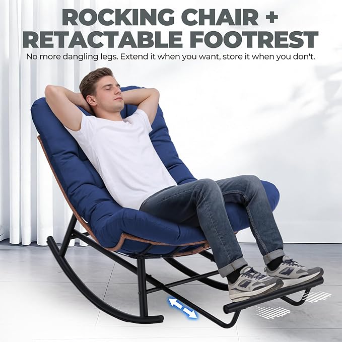 COMHOMA Outdoor Rocking Papasan Chair, Oversized Wicker Patio Rocker, Indoor Comfy Wicker Reading Lounge, Bed-Like Comfort Egg Chair for Bedroom,Balcony, Porch, Garden, Blue