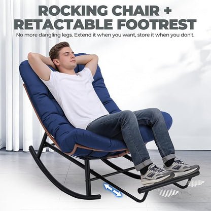 COMHOMA Outdoor Rocking Papasan Chair, Oversized Wicker Patio Rocker, Indoor Comfy Wicker Reading Lounge, Bed-Like Comfort Egg Chair for Bedroom,Balcony, Porch, Garden, Blue