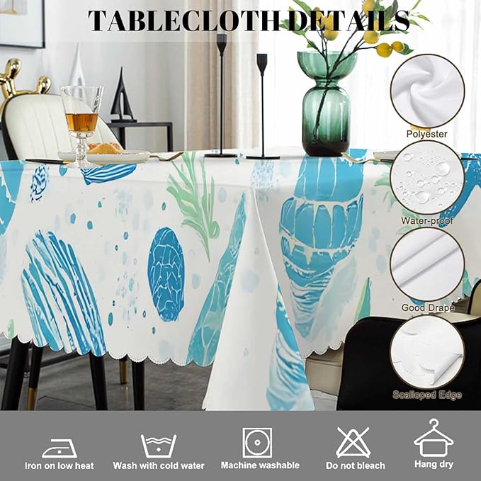 Swono Seashells Blue Rectangular Tablecloth Summer Ocean Shellfish Starfish Washable Table Cloth Kitchen Dining Room Table Cover for Party Dinner 50x72 Inch Tablecloths