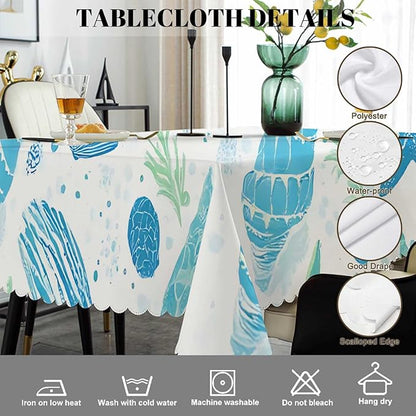 Swono Seashells Blue Rectangular Tablecloth Summer Ocean Shellfish Starfish Washable Table Cloth Kitchen Dining Room Table Cover for Party Dinner 50x72 Inch Tablecloths
