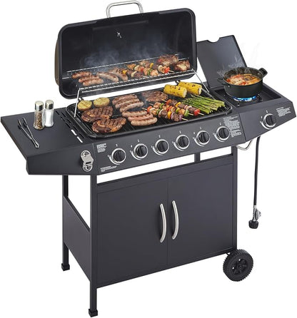53" Stainless Steel Outdoor Kitchen BBQ Island Grill with LPG Black | 6 Burner 59000 BTU Enamel-Coated Grates and Side Tables for Outdoor Cooking Kitchen and Patio Backyard