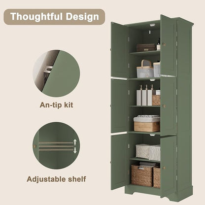 ChooChoo 63.2" Tall Bathroom Storage Cabinet with 6 Doors | Freestanding Floor Cabinet, Adjustable Shelves, Pantry Cabinet for Bathroom, Kitchen, Laundry Room, Green