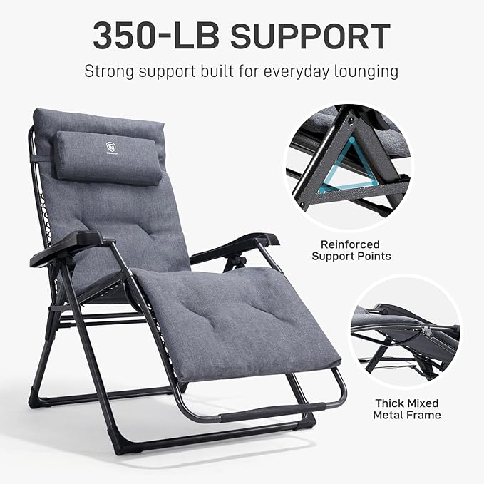 EVER ADVANCED Aluminum Zero Gravity Chair Oversized, 2.4" Thick Padded Reclining Lounge Chair with Adjustable Headrest & Side Table, Heavy Duty Support 350 lbs, Foldable for Outdoor & Indoor, Gray
